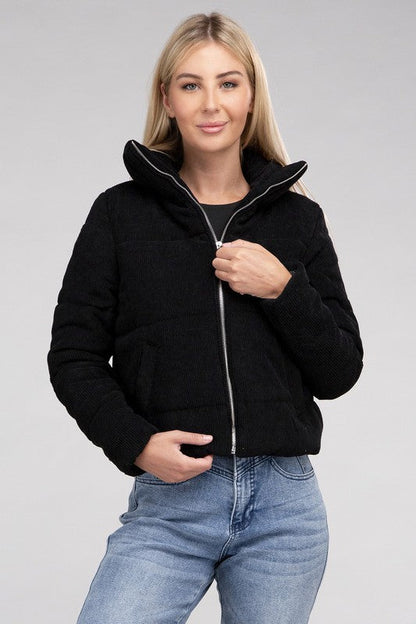 Corduroy Zip-Up Jacket Black by Ambiance Apparel | Fleurcouture