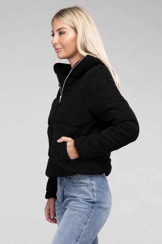 Corduroy Zip-Up Jacket Black by Ambiance Apparel | Fleurcouture