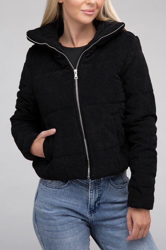 Corduroy Zip-Up Jacket Black S by Ambiance Apparel | Fleurcouture