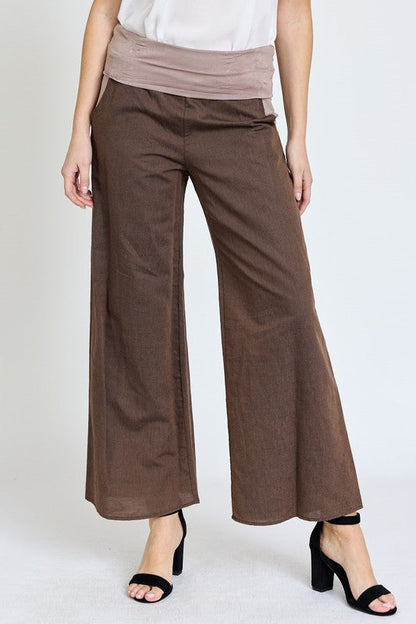 Cotton Linen Wide Leg Pants Fold Over With Pockets brown S by EG fashion | Fleurcouture