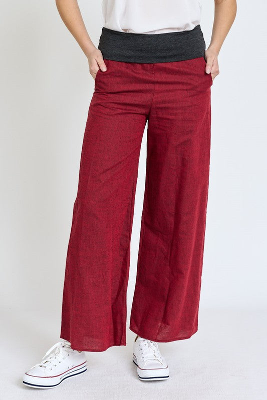 Cotton Linen Wide Leg Pants Fold Over With Pockets burgundy S by EG fashion | Fleurcouture