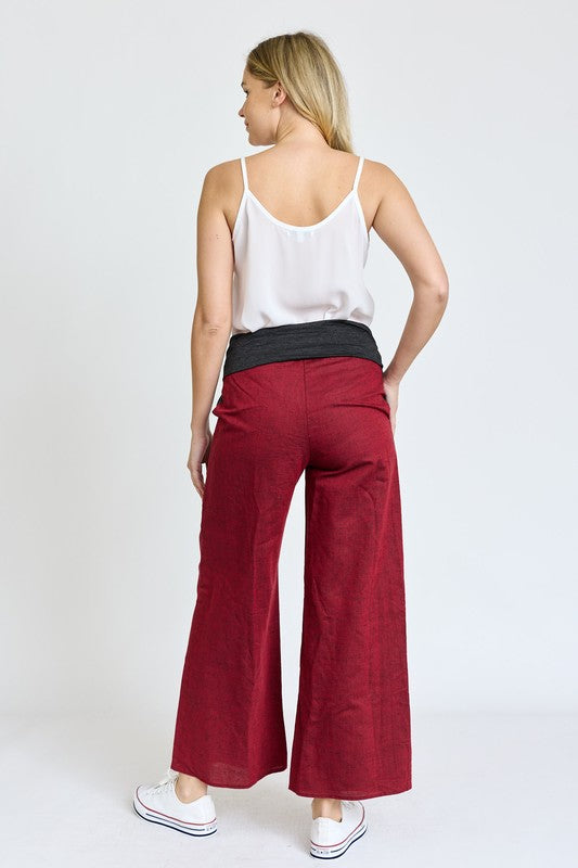 Cotton Linen Wide Leg Pants Fold Over With Pockets by EG fashion | Fleurcouture