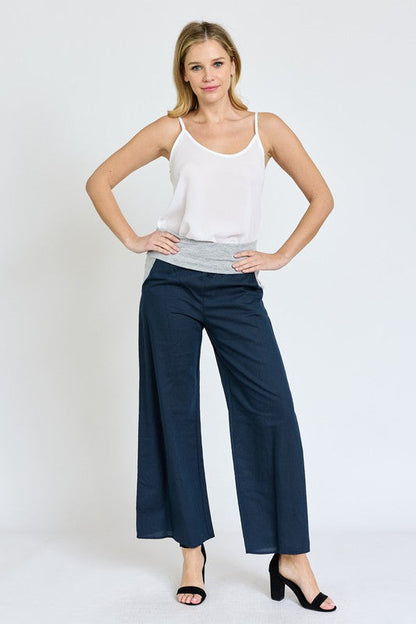 Cotton Linen Wide Leg Pants Fold Over With Pockets by EG fashion | Fleurcouture