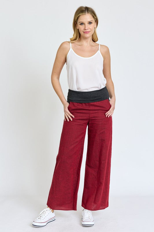 Cotton Linen Wide Leg Pants Fold Over With Pockets by EG fashion | Fleurcouture