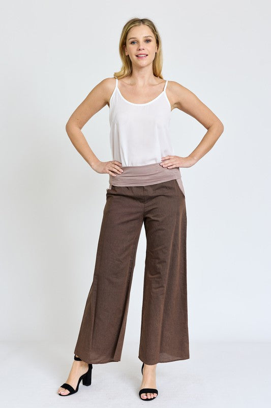 Cotton Linen Wide Leg Pants Fold Over With Pockets by EG fashion | Fleurcouture