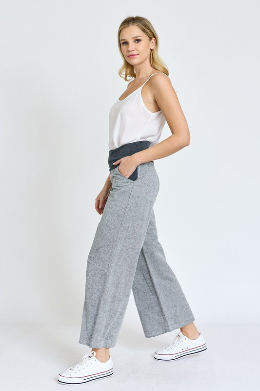 Cotton Linen Wide Leg Pants Fold Over With Pockets Grey S by EG fashion | Fleurcouture