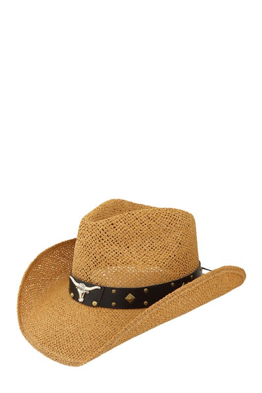 Cow Buckle and Cowboy Style Beaded Straw Hat WHITE OS by ICCO ACCESSORIES | Fleurcouture