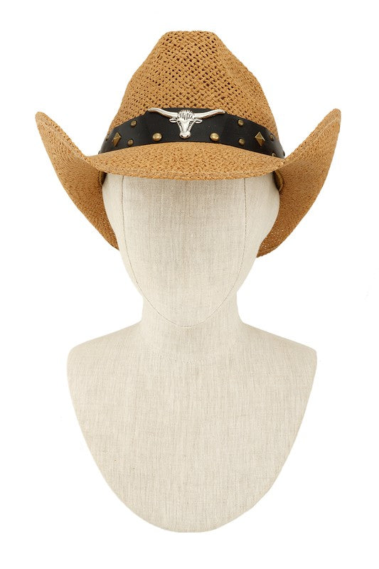 Cow Buckle and Cowboy Style Beaded Straw Hat WHITE OS by ICCO ACCESSORIES | Fleurcouture