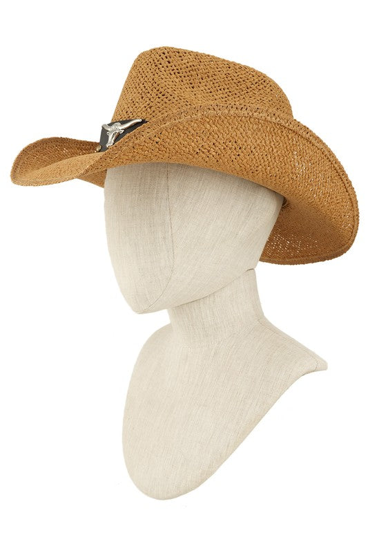 Cow Buckle and Cowboy Style Beaded Straw Hat WHITE OS by ICCO ACCESSORIES | Fleurcouture