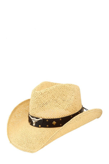 Cow Buckle and Cowboy Style Beaded Straw Hat WHITE OS by ICCO ACCESSORIES | Fleurcouture