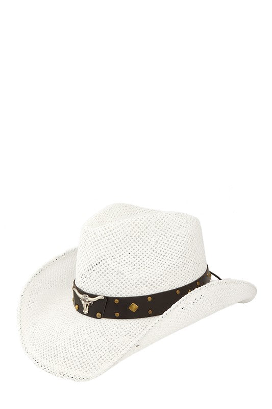 Cow Buckle and Cowboy Style Beaded Straw Hat WHITE OS by ICCO ACCESSORIES | Fleurcouture