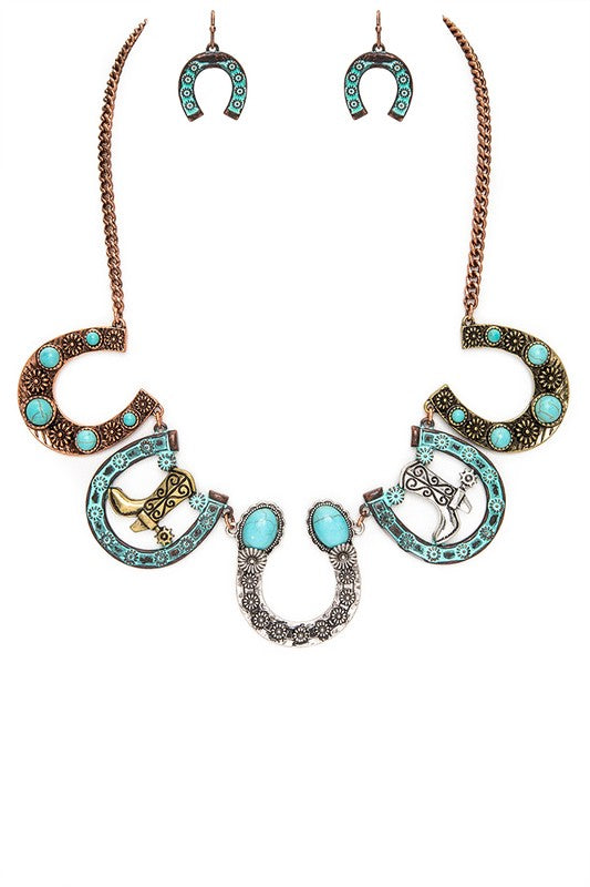 Cowboy Boots Horse Shoe Statement Necklace Set Turquoise O/S by LA Jewelry Plaza | Fleurcouture