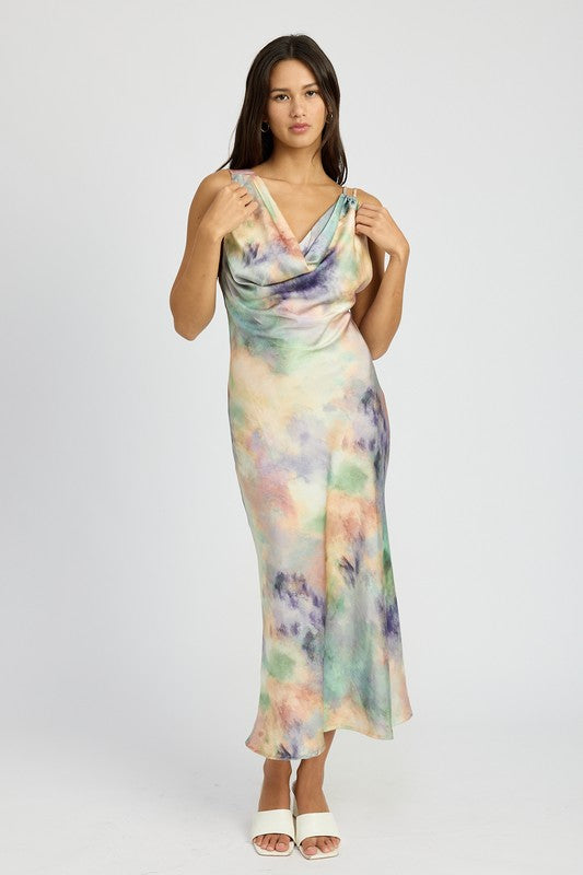COWL NECK MIDI BIAS DRESS MULTI PEACH S by Emory Park | Fleurcouture