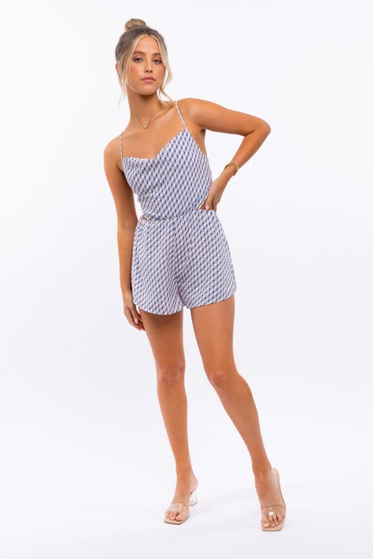 Cowl Neck Romper WHITE-BLUE GEO Romper by LE LIS | Fleurcouture