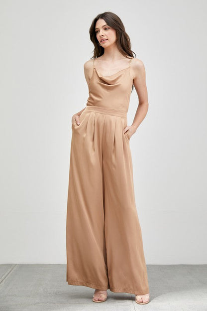 Cowl Neck Trim Detail Jumpsuit TAUPE by Do + Be Collection | Fleurcouture