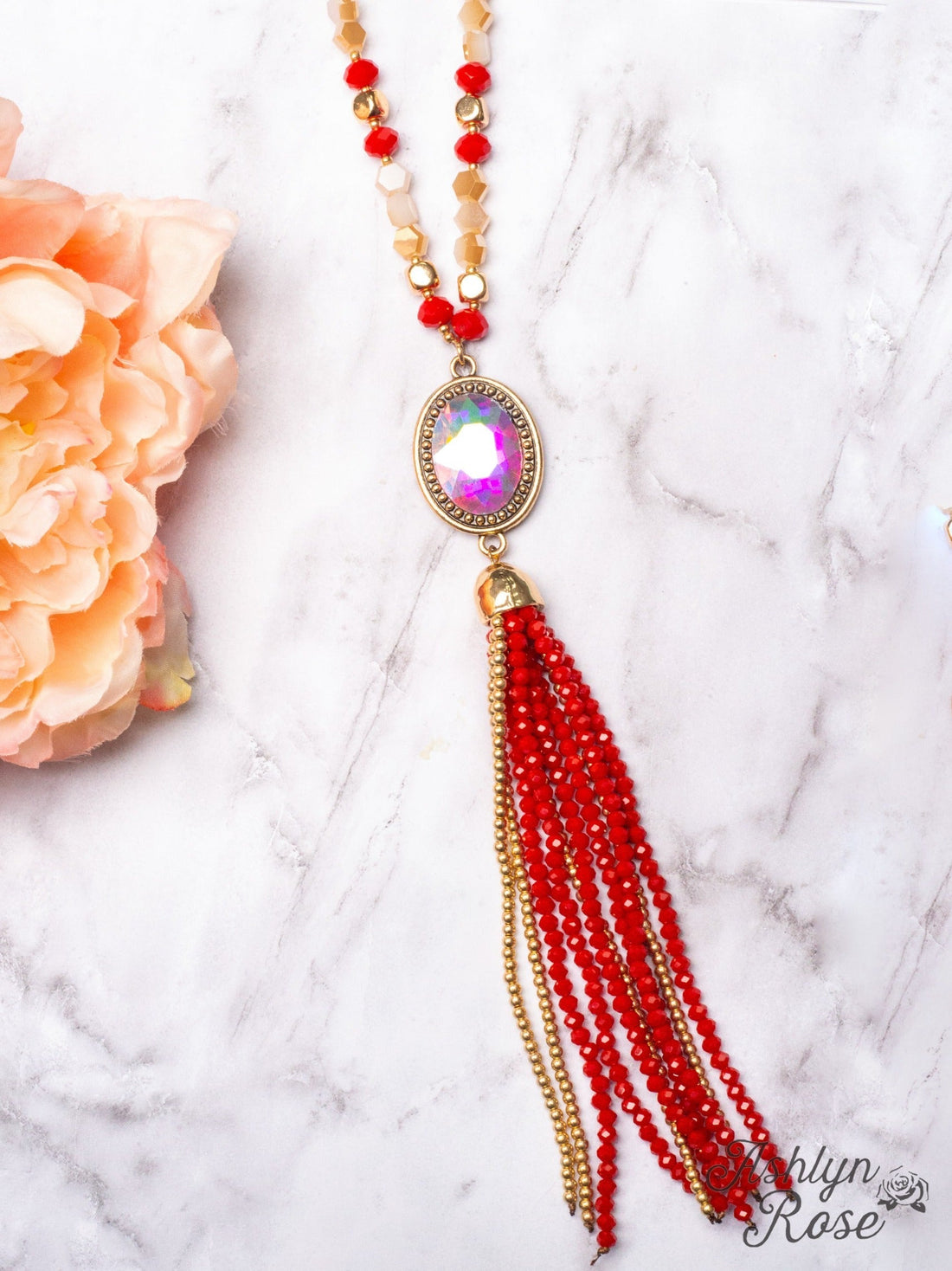 Crash My Party Iridescent Tassel Necklace, Red Red One Size Necklace by Southern Grace | Fleurcouture