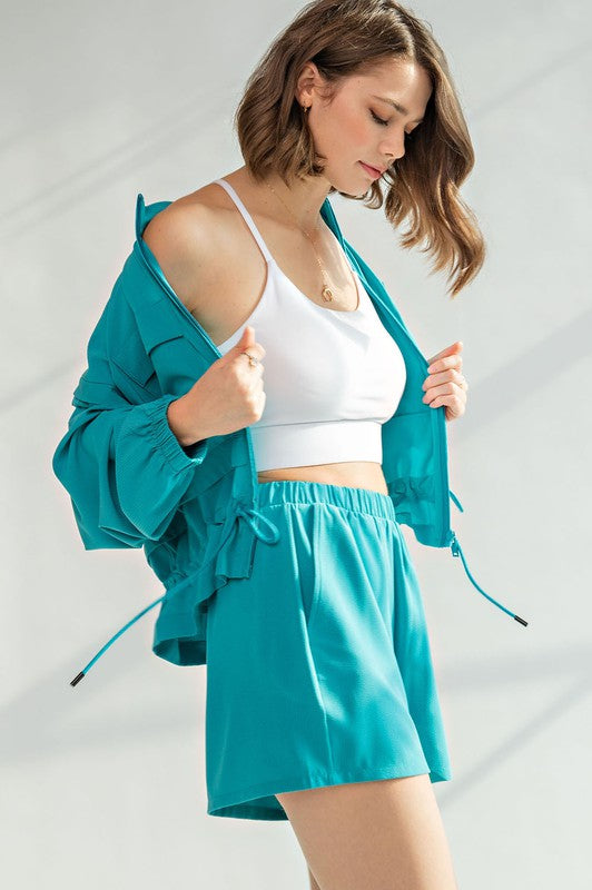 Crinkle Woven Cropped Jacket Blue Splash S by Rae Mode | Fleurcouture