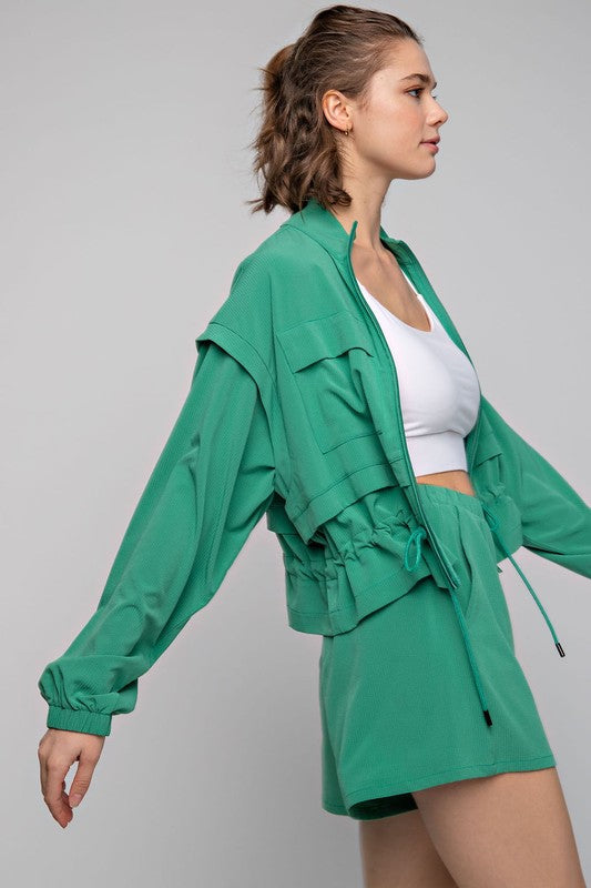 Crinkle Woven Cropped Jacket Green S by Rae Mode | Fleurcouture