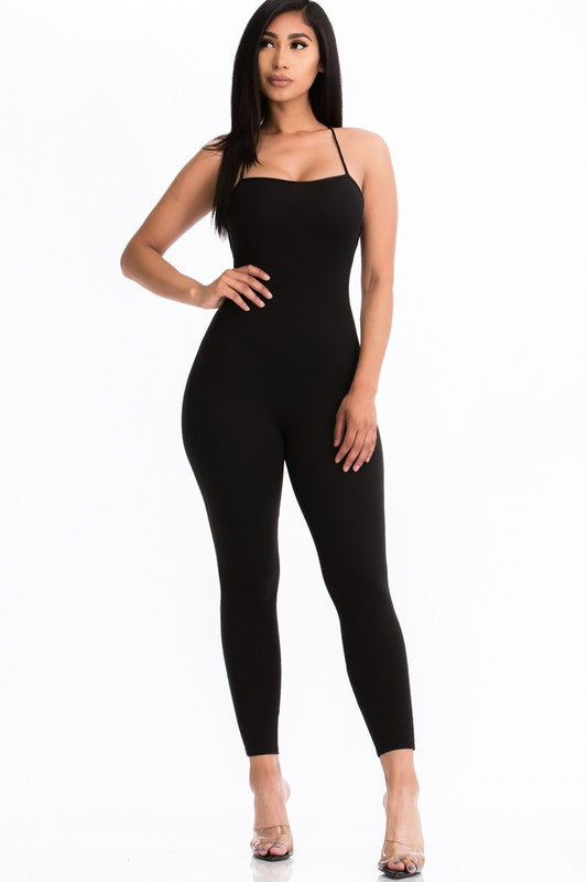 Criss-Cross Open Back Bodycon Jumpsuit Black S by Capella | Fleurcouture