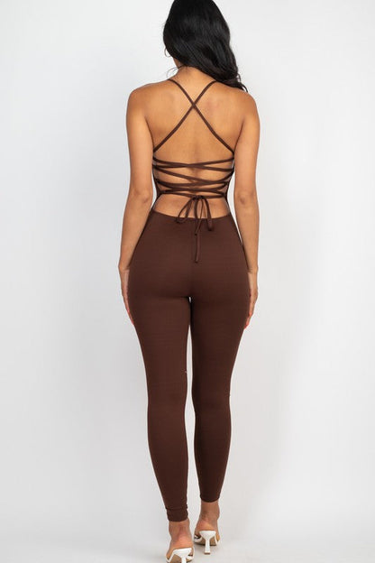 Criss-Cross Open Back Bodycon Jumpsuit by Capella | Fleurcouture