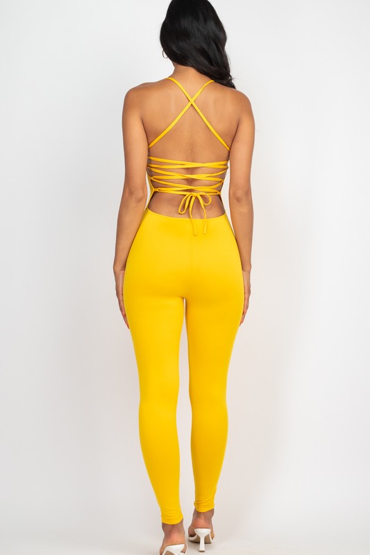 Criss-Cross Open Back Bodycon Jumpsuit DAYLILY YELLOW S by Capella | Fleurcouture