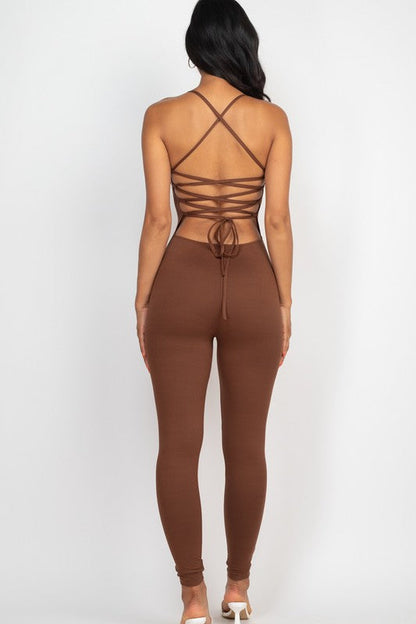 Criss-Cross Open Back Bodycon Jumpsuit DOWNTOWN BROWN S by Capella | Fleurcouture