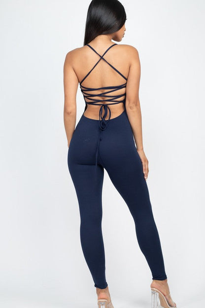 Criss-Cross Open Back Bodycon Jumpsuit Navy S by Capella | Fleurcouture