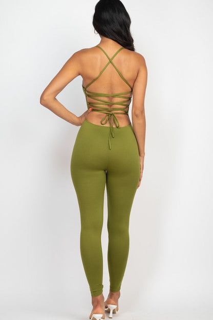 Criss-Cross Open Back Bodycon Jumpsuit OLIVE BRANCH S by Capella | Fleurcouture