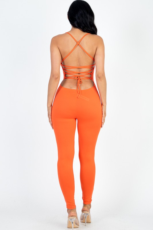 Criss-Cross Open Back Bodycon Jumpsuit Orange S by Capella | Fleurcouture