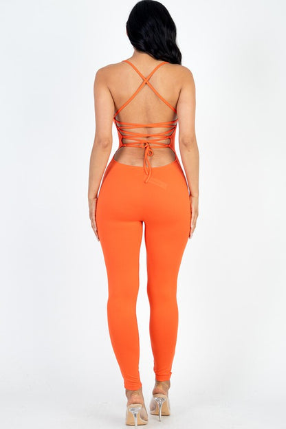 Criss-Cross Open Back Bodycon Jumpsuit Orange S by Capella | Fleurcouture