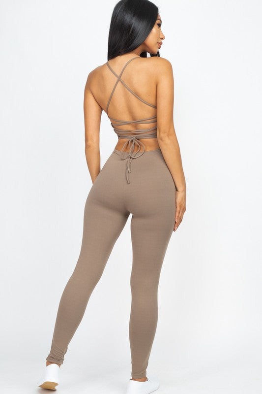 Criss-Cross Open Back Bodycon Jumpsuit Taupe S by Capella | Fleurcouture