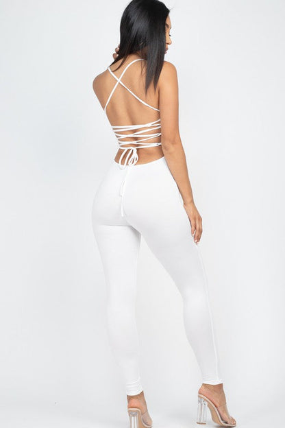 Criss-Cross Open Back Bodycon Jumpsuit White S by Capella | Fleurcouture