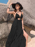 Crisscross Back Drawstring Ruffle Trim Maxi Dress Black S Women&