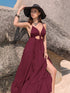 Crisscross Back Drawstring Ruffle Trim Maxi Dress Wine S Women&