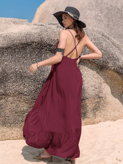 Crisscross Back Drawstring Ruffle Trim Maxi Dress Women&