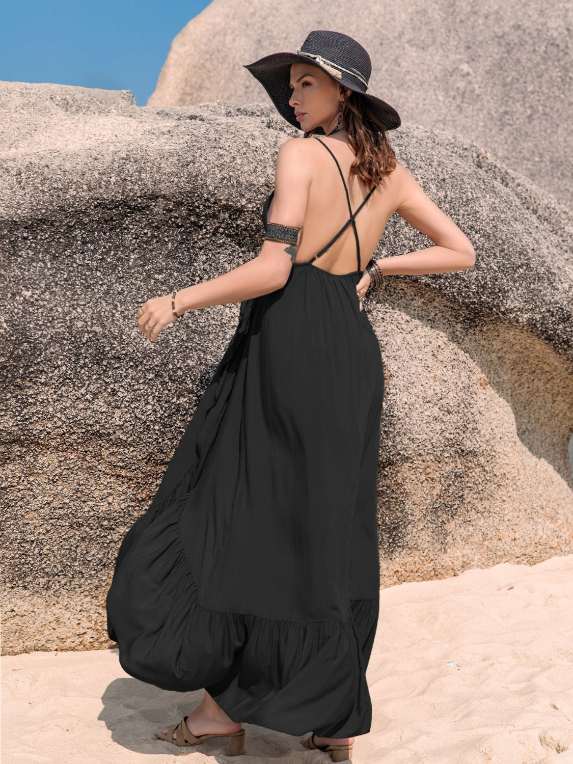 Crisscross Back Drawstring Ruffle Trim Maxi Dress Women&