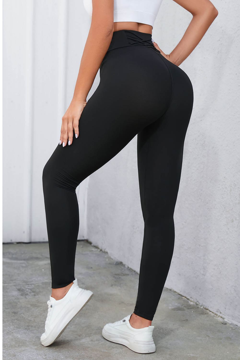 Crisscross Detail Wide Waistband Leggings Black S by Trendsi | Fleurcouture