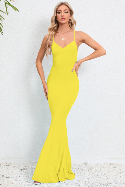 Crisscross Spaghetti Strap Fishtail Dress Yellow S Women&