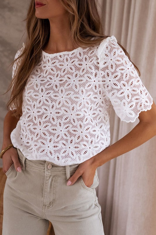 Crochet lace flower embroidered Hallowed Blouse one color S by EG fashion | Fleurcouture