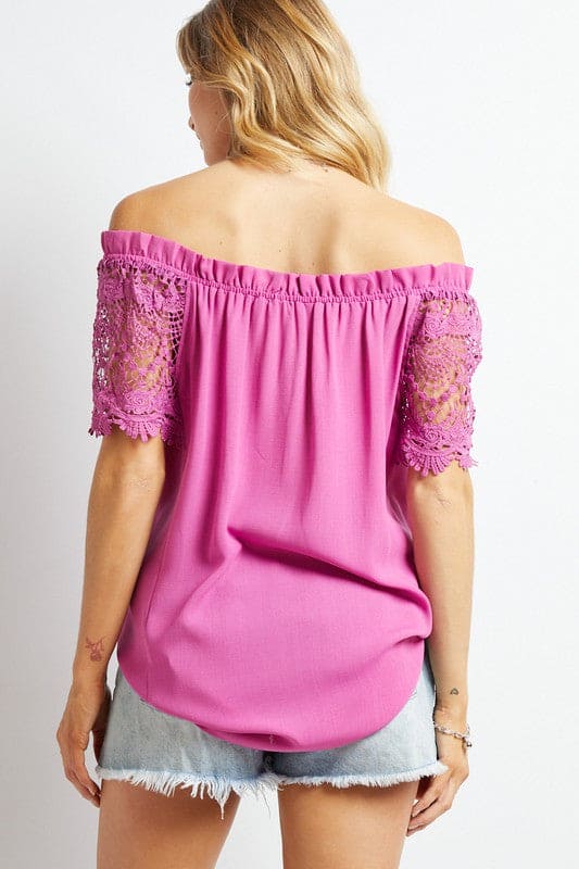 Crochet Lace Sleeveless Accent Off Shoulder Top Berry by Davi &amp; Dani | Fleurcouture