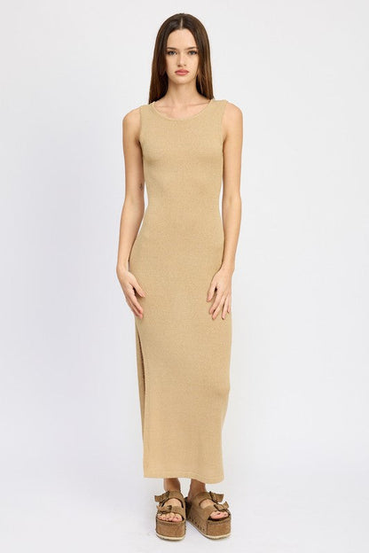 CROCHET MAXI DRESS WITH BACK TIE DETAIL TAN S by Emory Park | Fleurcouture