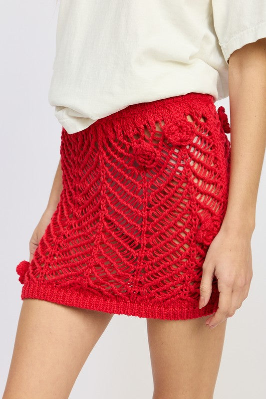 CROCHET MINI SKIRT WTIH ROSETTE DETAIL RED by Emory Park | Fleurcouture