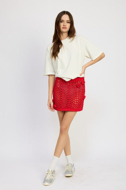 CROCHET MINI SKIRT WTIH ROSETTE DETAIL RED by Emory Park | Fleurcouture