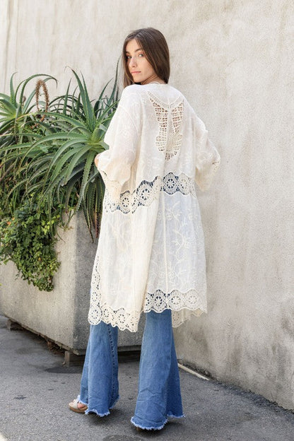 Crochet Open Patch Longline Kimono Ivory One Size Women&