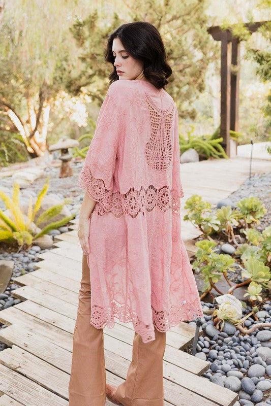 Crochet Open Patch Longline Kimono Pink One Size Women&