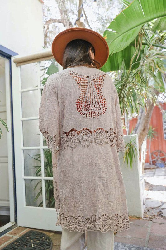 Crochet Open Patch Longline Kimono Taupe One Size Women&