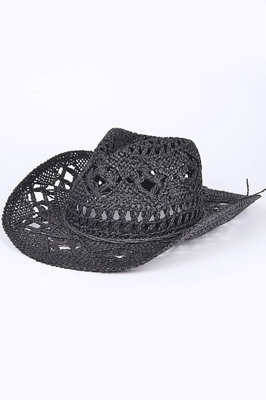 Crochet Straw Cowboy Hat Black O/S by Artini Accessories | Fleurcouture