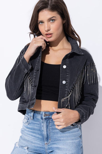 CROP DENIM JACKET WITH RHINESTONE FRINGE Black S by Sweet Generis | Fleurcouture