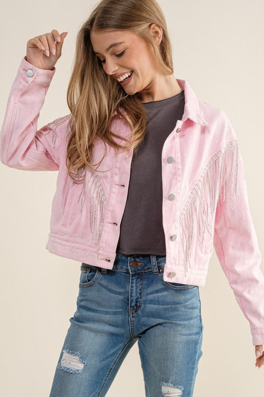 CROP DENIM JACKET WITH RHINESTONE FRINGE Pink S by Sweet Generis | Fleurcouture