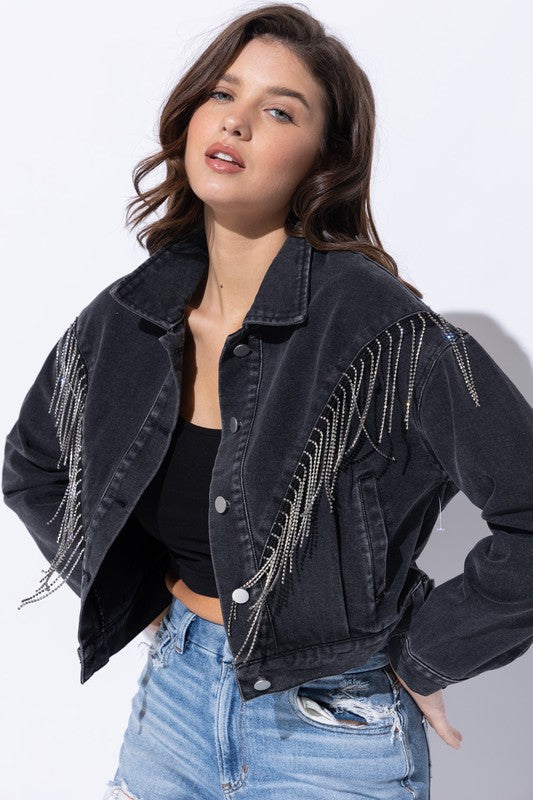 CROP DENIM JACKET WITH RHINESTONE FRINGE by Sweet Generis | Fleurcouture